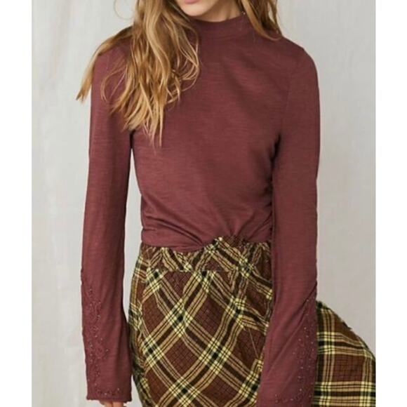 Free People We The Free Woomens Hooked On You Top Size S Cotton Embroid Burgundy - Picture 3 of 11
